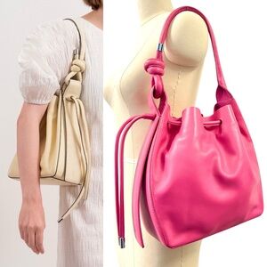 NWOT Benho Pink 100% Leather Drawstring Bucket Bag Knot Shoulder Bag Handbag